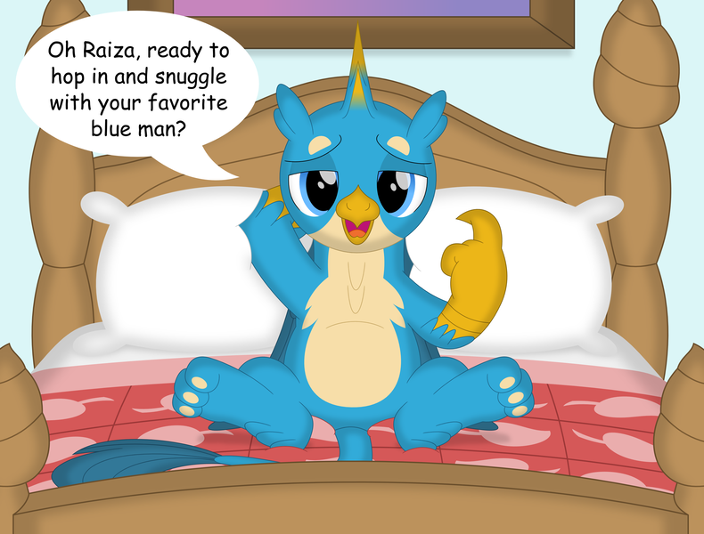 Size: 3534x2685 | Tagged: safe, artist:porygon2z, derpibooru import, gallus, gryphon, beckoning, bed, image, implied canon x oc, implied oc, implied shipping, implied straight, male, paws, png, underpaw