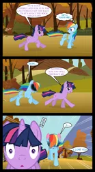 Size: 1280x2300 | Tagged: safe, artist:bigsnusnu, derpibooru import, rainbow dash, twilight sparkle, pegasus, pony, unicorn, comic:dusk shine in pursuit of happiness, blushing, comic, dusk shine, female, forest, image, love confession, male, mare, open mouth, png, race, rule 63, running, running of the leaves, stallion, tree