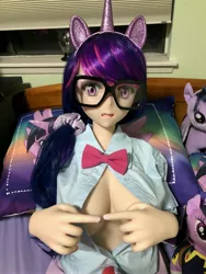 Size: 3024x4032 | Tagged: suggestive, derpibooru import, twilight sparkle, twilight sparkle (alicorn), alicorn, equestria girls, anime, bowtie, breasts, build-a-bear, cleavage, glasses, image, irl, jpeg, life size, merchandise, photo, pillow, plushie, scrunchie, sex doll, solo, wig