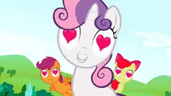 Size: 300x168 | Tagged: safe, derpibooru import, screencap, apple bloom, scootaloo, sweetie belle, earth pony, pegasus, pony, unicorn, lesson zero, adorabloom, cute, cutealoo, cutie mark crusaders, diasweetes, female, filly, heart eyes, i really like her mane, image, jpeg, wingding eyes