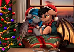 Size: 2833x1998 | Tagged: safe, artist:pridark, derpibooru import, oc, oc:bibbo, oc:lonestar, unofficial characters only, bat pony, pegasus, bat pony oc, bat wings, blanket, blushing, chocolate, christmas, christmas decoration, christmas tree, commission, cookie, duo, food, hat, holiday, hot chocolate, image, indoors, looking at each other, pegasus oc, plate, png, santa hat, smiling, table, tree, window, wings