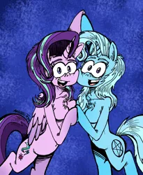 Size: 1629x1991 | Tagged: suggestive, artist:andreu-t, derpibooru import, starlight glimmer, trixie, alicorn, anthro, unguligrade anthro, unicorn, road to friendship, alicornified, alternate cutie mark, barbie doll anatomy, breasts, chest fluff, cleavage, female, friendship chant, image, jpeg, nudity, race swap, scene interpretation, shipping, starlicorn, xk-class end-of-the-world scenario