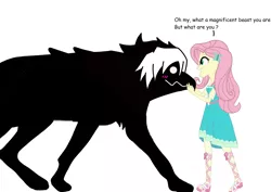 Size: 3508x2480 | Tagged: safe, artist:darkland_production, derpibooru import, fluttershy, oc, oc:cedric clawford, equestria girls, beast, blushing, canon x oc, image, jpeg, pitch black, werebeast