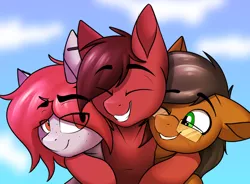 Size: 1160x852 | Tagged: safe, artist:notetaker, derpibooru import, oc, oc:chance, oc:notetaker, oc:scarlett lane, unofficial characters only, earth pony, pegasus, pony, eyebrows visible through hair, glasses, group hug, hug, image, male, piercing, png, sky