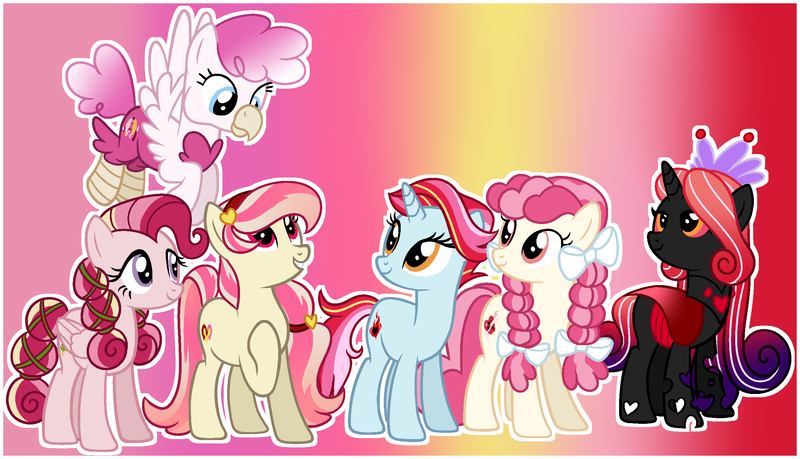 Size: 2410x1383 | Tagged: safe, artist:eonionic, derpibooru import, oc, oc:ambrosia, oc:candy hearts, oc:cupid rose, oc:love bug, oc:lucky match, oc:quick flame, unofficial characters only, changepony, earth pony, hippogriff, hybrid, pegasus, pony, unicorn, female, image, interspecies offspring, magical lesbian spawn, mare, offspring, parent:angel wings, parent:apple bloom, parent:cozy glow, parent:fire flare, parent:fluttershy, parent:gilda, parent:pinkie pie, parent:princess amore, parent:princess cadance, parent:queen chrysalis, parent:rainbow dash, parent:scarlet heart, parents:cozybloom, parents:flutterdance, parents:gildapie, png
