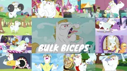 Size: 1974x1111 | Tagged: safe, derpibooru import, edit, edited screencap, editor:quoterific, screencap, angel bunny, apple bloom, applejack, aura (character), bluegrass (character), bulk biceps, carrot cake, fluttershy, lotus blossom, matilda, maud pie, noi, pinkie pie, rockhoof, rumble, scootaloo, spike, spring melody, sprinkle medley, sweetie belle, twilight sparkle, twilight sparkle (alicorn), alicorn, bull, dragon, earth pony, pegasus, pony, rabbit, a rockhoof and a hard place, a trivial pursuit, all bottled up, castle sweet castle, equestria games (episode), flight to the finish, hurricane fluttershy, inspiration manifestation, on your marks, rainbow falls, the fault in our cutie marks, wonderbolts academy, alternate hairstyle, animal, applejack's hat, clothes, cowboy hat, cutie mark crusaders, female, filly, hat, image, open mouth, png, uniform, weight lifting, wonderbolts uniform, yeah!!!!!!!!