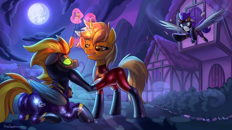 Size: 3840x2160 | Tagged: safe, artist:jedayskayvoker, derpibooru import, oc, oc:blaze (shadowbolt), oc:crimson rain, oc:dream searcher, unofficial characters only, pegasus, pony, unicorn, building, clothes, costume, flying, full moon, high res, hoof on cheek, house, hypnosis, image, levitation, lidded eyes, magic, moon, night, night sky, pendulum swing, png, pocket watch, shadowbolts costume, sky, swirly eyes, telekinesis, town