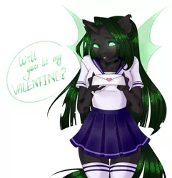 Size: 1024x1063 | Tagged: safe, artist:bylullabysoft, derpibooru import, oc, unofficial characters only, anthro, changeling, blushing, breasts, changeling oc, clothes, digital art, female, green changeling, image, jpeg, letter, looking at you, love letter, school uniform, senpai, shirt, simple background, skirt, socks, solo, speech bubble, spread wings, text, thighs, wings