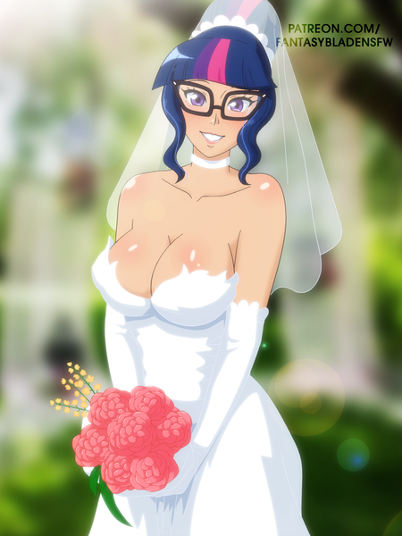 Size: 1440x1920 | Tagged: suggestive, artist:fantasyblade, derpibooru import, sci-twi, twilight sparkle, human, bouquet, bouquet of flowers, breasts, bride, busty twilight sparkle, cleavage, clothes, dress, flower, humanized, image, marriage, png, wedding, wedding dress, wife