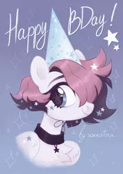 Size: 1038x1468 | Tagged: safe, artist:sonnatora, derpibooru import, oc, oc:gem stone, unofficial characters only, pegasus, pony, birthday, happy birthday, hat, image, jpeg, party hat, solo