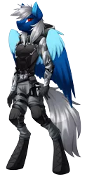 Size: 1456x2938 | Tagged: safe, artist:scarlet-spectrum, derpibooru import, oc, oc:trade wind, oc:ward, oc:ward wind, anthro, anthro oc, armor, boots, clothes, colored wings, commission, hoodie, image, multicolored wings, pants, png, red eyes, shoes, simple background, solo, tom clancy's the division, transparent background, wings