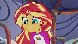 Size: 1920x1080 | Tagged: safe, derpibooru import, edit, edited screencap, editor:mycarhasamoustache, screencap, sunset shimmer, equestria girls, legend of everfree, camp everfree outfits, cropped, female, image, png, smile edit, solo