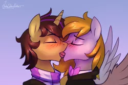 Size: 3000x2000 | Tagged: suggestive, artist:jedayskayvoker, derpibooru import, oc, oc:joshua weedminster, oc:tanuki thunderstorm of magadan, unofficial characters only, pegasus, pony, unicorn, blushing, bowtie, clothes, eyes closed, french kiss, gay, hoodie, horn, image, kissing, male, pegasus oc, png, scarf, sketch, spread wings, tongue out, unicorn oc, wings