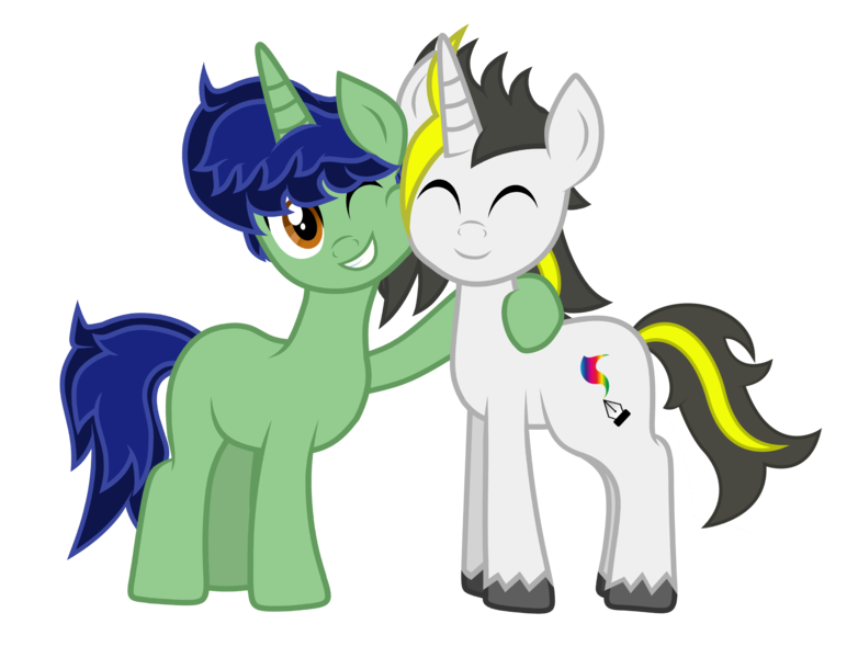 Size: 4300x3300 | Tagged: safe, artist:gabosor, derpibooru import, oc, oc:gabosor, oc:up-world, pony, unicorn, derpibooru community collaboration, 2021 community collab, derpibooru exclusive, digital art, duo, grin, group hug, hug, image, looking at you, male, meta, one eye closed, png, ponysona, show accurate, simple background, smiling, stallion, standing, transparent background, vector, wink