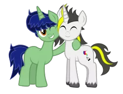 Size: 4300x3300 | Tagged: safe, artist:gabosor, derpibooru import, oc, oc:gabosor, oc:up-world, pony, unicorn, derpibooru community collaboration, 2021 community collab, derpibooru exclusive, digital art, duo, grin, group hug, hug, image, looking at you, male, meta, one eye closed, png, ponysona, show accurate, simple background, smiling, stallion, standing, transparent background, vector, wink