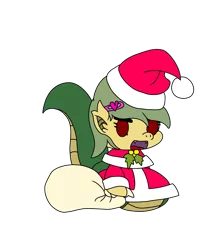 Size: 2157x2480 | Tagged: safe, artist:shappy the lamia, derpibooru import, oc, oc:shappy, earth pony, hybrid, lamia, original species, pony, semi-anthro, bag, bells, brooch, chibi, christmas, clothes, costume, fangs, hat, holiday, holly, image, padoru, png, sack, santa claus, santa costume, scales, simple background, snake tail, solo, transparent background