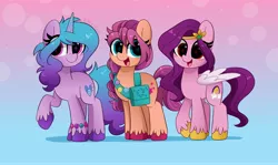 Size: 4096x2439 | Tagged: safe, artist:kittyrosie, derpibooru import, izzy moonbow, pipp petals, sunny starscout, earth pony, pegasus, pony, unicorn, adorapipp, bag, blushing, bracelet, braid, cute, eyelashes, female, g5, gradient background, head turned, high res, image, izzybetes, jewelry, jpeg, looking at you, mare, open mouth, raised hoof, shoulder bag, smiling, standing, sunnybetes, three quarter view, tiara, trio, unshorn fetlocks