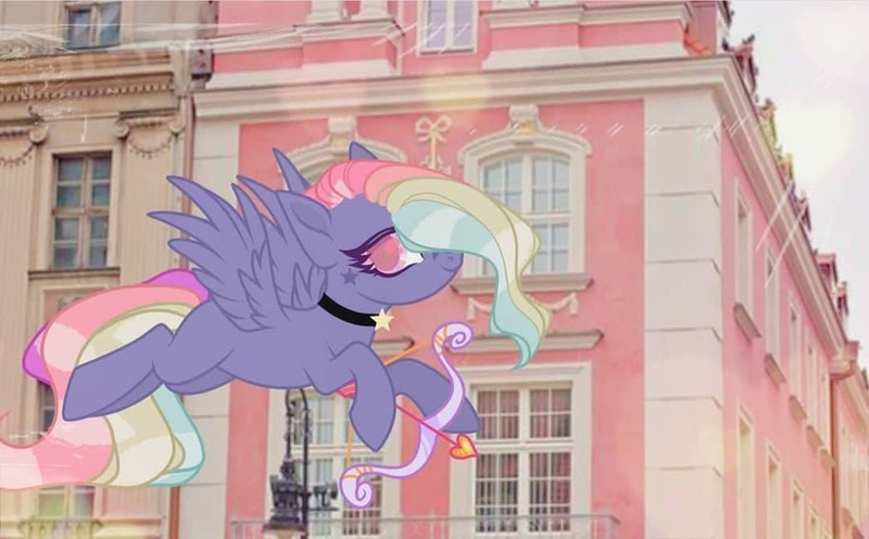 Size: 1079x671 | Tagged: safe, artist:iceberggg.pl, derpibooru import, oc, unofficial characters only, pegasus, pony, arrow, bow (weapon), building, choker, flying, hoof hold, image, jpeg, multicolored hair, outdoors, pegasus oc, rainbow hair, smiling, solo, wings