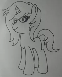 Size: 1440x1796 | Tagged: safe, anonymous artist, derpibooru import, oc, oc:listfia, pony, unicorn, blank flank, eye clipping through hair, eyelashes, female, filly, horn, image, jpeg, looking at you, smiling, smiling at you, traditional art