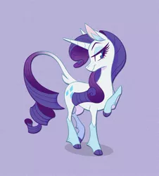 Size: 1100x1217 | Tagged: safe, artist:probablyfakeblonde, derpibooru import, part of a set, rarity, pony, unicorn, alternate design, cloven hooves, female, image, jpeg, leonine tail, mare, purple background, raised hoof, simple background, smiling, solo