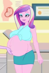 Size: 1857x2753 | Tagged: safe, artist:09111, derpibooru import, princess cadance, equestria girls, and that's how flurry heart was made, belly, belly button, belly rubbing, big belly, big breasts, breasts, dean cadance, image, jpeg, pregdance, pregnant, solo