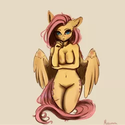 Size: 4000x4000 | Tagged: suggestive, artist:miokomata, derpibooru import, fluttershy, anthro, pegasus, arm under breasts, barbie doll anatomy, belly button, breasts, featureless breasts, featureless crotch, female, freckles, freckleshy, hand on chin, image, jpeg, looking at you, simple background, solo, solo female, white background