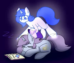 Size: 2621x2212 | Tagged: safe, artist:askhypnoswirl, derpibooru import, oc, oc:swirly daze, unofficial characters only, ghost, pony, undead, unicorn, astral projection, book, bow, eyes closed, female, floating, glow, high res, image, jpeg, looking down, lying down, mare, onomatopoeia, out of body experience, prone, purple background, simple background, sleeping, smiling, solo, sound effects, zzz