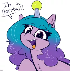 Size: 1275x1300 | Tagged: safe, artist:skoon, derpibooru import, izzy moonbow, pony, unicorn, cute, dialogue, female, g5, horn, horn guard, horn impalement, hornball, image, izzy's tennis ball, izzybetes, looking at you, open mouth, png, simple background, solo, tennis ball, text, white background