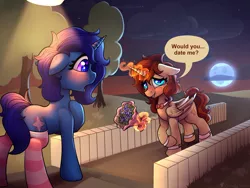 Size: 4000x3000 | Tagged: safe, artist:cornelia_nelson, derpibooru import, oc, oc:cornelia nelson, oc:delly, unofficial characters only, alicorn, pony, unicorn, alicorn oc, blushing, clothes, cute, flower, horn, image, magic, moon, night, png, romantic, socks, stockings, striped socks, text, thigh highs, tree, wings