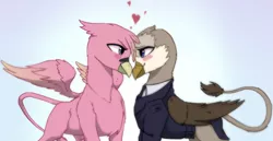 Size: 2350x1214 | Tagged: safe, artist:freyatokage, derpibooru import, oc, oc:gabriela eagleclaw, oc:hera eichberg, gryphon, equestria at war mod, clothes, colored wings, colored wingtips, female, griffon oc, heart, image, implied lesbian, png, shipping, simple background, suit, wings