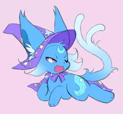 Size: 1041x965 | Tagged: safe, artist:moonphase249, derpibooru import, trixie, espeon, cape, clothes, colored sclera, crossover, female, hat, image, lying down, open mouth, pink background, png, pokefied, pokémon, simple background, solo, species swap, trixie's cape, trixie's hat