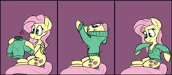 Size: 1680x732 | Tagged: safe, artist:pinkberry, derpibooru import, fluttershy, pegasus, pony, 3 panel comic, clothes, colored sketch, comic, disappointed, female, heart, image, mare, png, reality ensues, sitting, sketch, solo, sweater, sweatershy