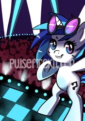 Size: 711x1014 | Tagged: safe, artist:pulsefirepony, derpibooru import, vinyl scratch, pony, unicorn, audience, bipedal, concert, crowd, female, image, jpeg, laser, mare, obtrusive watermark, selfie, smiling, solo focus, watermark