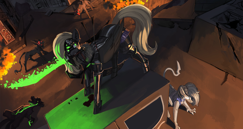 Size: 2250x1200 | Tagged: semi-grimdark, artist:nsilverdraws, derpibooru import, oc, oc:nemesis blackmore, oc:veen sundown, unofficial characters only, demon, demon pony, dracony, dragon, horse, hybrid, original species, pegasus, pony, armor, arrow, baltimare, bleeding, blood, chainmail, clothes, dead, death, demon hunter, detailed, dripping blood, female, fire, glowing eyes, guard, guardsmare, horns, image, magic, male, mare, military pony, night, painted, png, royal guard, scimitar, sundown clan, sword, vest, weapon