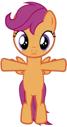 Size: 1000x1896 | Tagged: safe, artist:horses are fuckin weird, derpibooru import, scootaloo, pegasus, pony, bipedal, female, filly, image, looking at you, meme, png, shitposting, simple background, solo, t pose, transparent background, vector