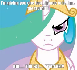 Size: 474x435 | Tagged: safe, derpibooru import, princess celestia, angry, caption, celestia is not amused, close-up, frown, image, image macro, impending doom, jpeg, looking at you, meme, text, unamused