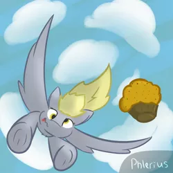 Size: 2200x2200 | Tagged: safe, artist:phlerius, derpibooru import, derpy hooves, pony, cloud, digital art, flying, food, image, jpeg, muffin, sky, solo, tongue out