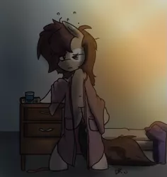 Size: 559x592 | Tagged: safe, artist:davierockt, derpibooru import, oc, oc:longfolia, unofficial characters only, earth pony, semi-anthro, bed, bed hair, bedroom, bedsheets, belly button, clothes, dishevelled, dresser, image, looking at you, male, one eye closed, png, robe, sleepy, solo