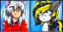 Size: 1080x553 | Tagged: safe, artist:juliet-gwolf18, derpibooru import, oc, oc:juliet, alicorn, human, pony, alicorn oc, bust, clothes, crossover, eyebrows visible through hair, female, horn, image, inuyasha, male, mare, png, smiling, suspicious, wings