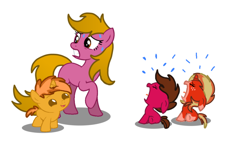 Size: 1161x702 | Tagged: safe, artist:lynnthenerdkitty, derpibooru import, oc, oc:apricot, oc:sol, unofficial characters only, earth pony, pony, unicorn, age progression, age regression, age swap, baby, baby pony, base used, colt, crying, eyes closed, female, filly, gritted teeth, image, male, nervous, open mouth, png, raised hoof, role reversal, simple background, smiling, sweat, sweatdrops, transparent background