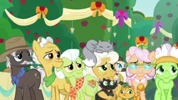 Size: 1920x1080 | Tagged: safe, derpibooru import, screencap, apple rose, auntie applesauce, burnt oak, goldie delicious, grand pear, granny smith, cat, the big mac question, apple, apple tree, food, image, pie, png, tree