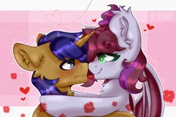 Size: 3000x2000 | Tagged: safe, artist:etoz, derpibooru import, oc, oc:jade jump, oc:lunar spice, unofficial characters only, bat pony, pony, unicorn, bat pony oc, bat wings, blushing, commission, female, heart, horn, image, jadespice, male, mare, png, smiling, stallion, unicorn oc, wings, ych result