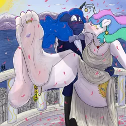 Size: 3000x3000 | Tagged: suggestive, artist:fetishsketches, derpibooru import, princess celestia, princess luna, anthro, barefoot, big feet, breasts, bridal carry, carrying, commission, crying, feet, female, fetish, foot fetish, foot focus, horn, horn jewelry, image, incest, jewelry, kiss mark, lesbian, lipstick, marriage, png, princest, shipping, size difference, soles, wedding