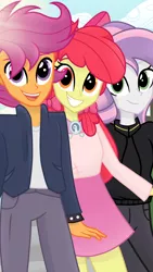 Size: 1080x1920 | Tagged: safe, artist:sallyso, derpibooru import, apple bloom, scootaloo, sweetie belle, equestria girls, alternate hairstyle, apple bloom's bow, belt, bow, bracelet, clothes, cloud, cutie mark crusaders, female, goldie delicious' scarf, grin, hair bow, hoodie, image, jacket, jeans, leather jacket, male, older, older apple bloom, older cmc, older scootaloo, older sweetie belle, open mouth, pants, png, shirt, skirt, sky, smiling, spiked wristband, t-shirt, trans male, transgender, wristband