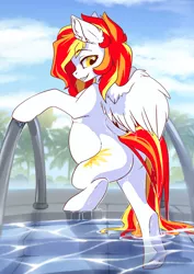 Size: 2481x3507 | Tagged: suggestive, artist:arctic-fox, derpibooru import, oc, oc:diamond sun, unofficial characters only, pegasus, pony, female, image, jpeg, mare, pregnant, solo, solo female, swimming pool, wet, wings