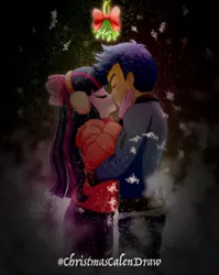 Size: 1600x2006 | Tagged: safe, artist:jotakaanimation, derpibooru import, flash sentry, twilight sparkle, human, equestria girls, 2020, christmas, couple, female, flashlight, holiday, holly, image, jpeg, kissing, male, mistletoe, romantic, shipping, snow, straight