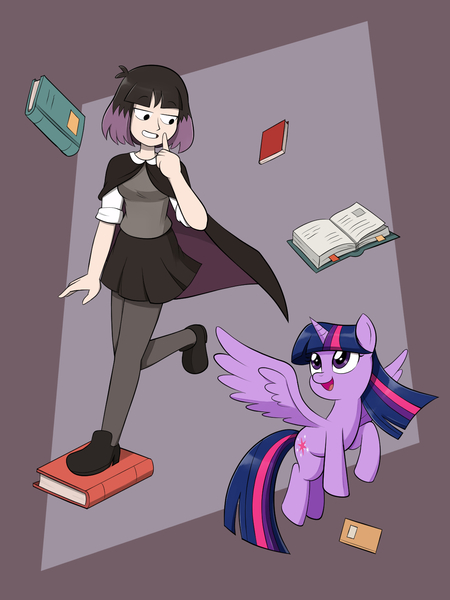 Size: 1200x1600 | Tagged: safe, artist:mew-me, derpibooru import, twilight sparkle, twilight sparkle (alicorn), alicorn, human, pony, book, crossover, hilda, hilda (netflix), image, jpeg, kaisa