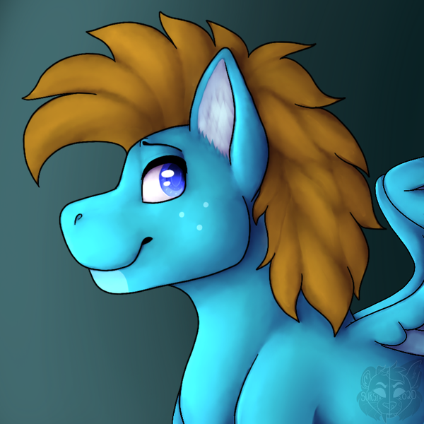 Size: 800x800 | Tagged: safe, artist:sursiq, derpibooru import, oc, oc:carbon, unofficial characters only, pegasus, pony, birthday, blue, blue eyes, brown hair, brown mane, colored pupils, ear fluff, freckles, gift art, gradient background, image, looking at you, looking back, male, pegasus oc, png, pony oc, profile, shading, smiling, solo, spread wings, stallion, watermark, wings