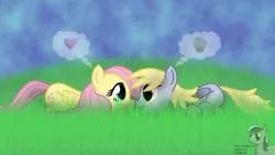 Size: 1920x1080 | Tagged: safe, artist:intelmax89, derpibooru import, derpy hooves, fluttershy, pegasus, pony, boop, cute, derpabetes, derpyshy, female, food, grass, heart, image, jpeg, lesbian, lying down, mare, muffin, nose to nose, noseboop, pictogram, prone, shipping, shyabetes, that pony sure does love muffins, thought bubble