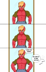 Size: 1536x2374 | Tagged: safe, artist:matchstickman, derpibooru import, big macintosh, anthro, earth pony, pony, abs, admiration, biceps, clothes, comic, commission, dialogue, flexing, great macintosh, image, male, mirror, muscles, muscular male, offscreen character, pec flex, pecs, png, reflection, shirt, simple background, solo, speech bubble, stallion, unbuttoned, white background